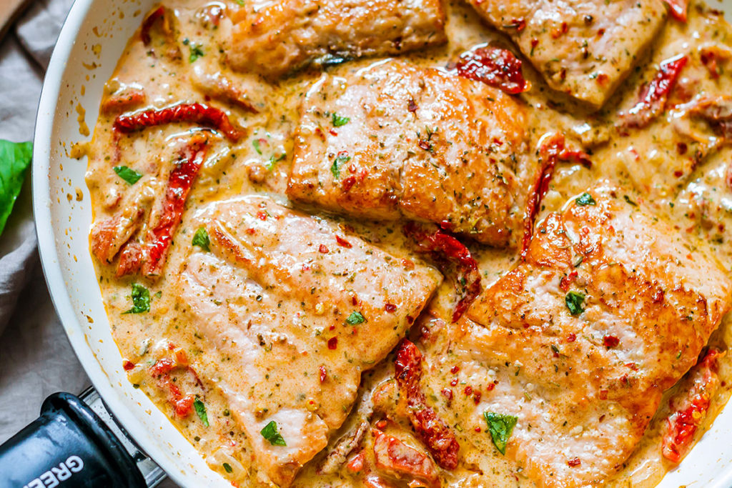 5/20/20 O&A NYC LOCKDOWN BRUNCH:  Pan Seared Salmon with Sun-Dried Tomato Cream Sauce